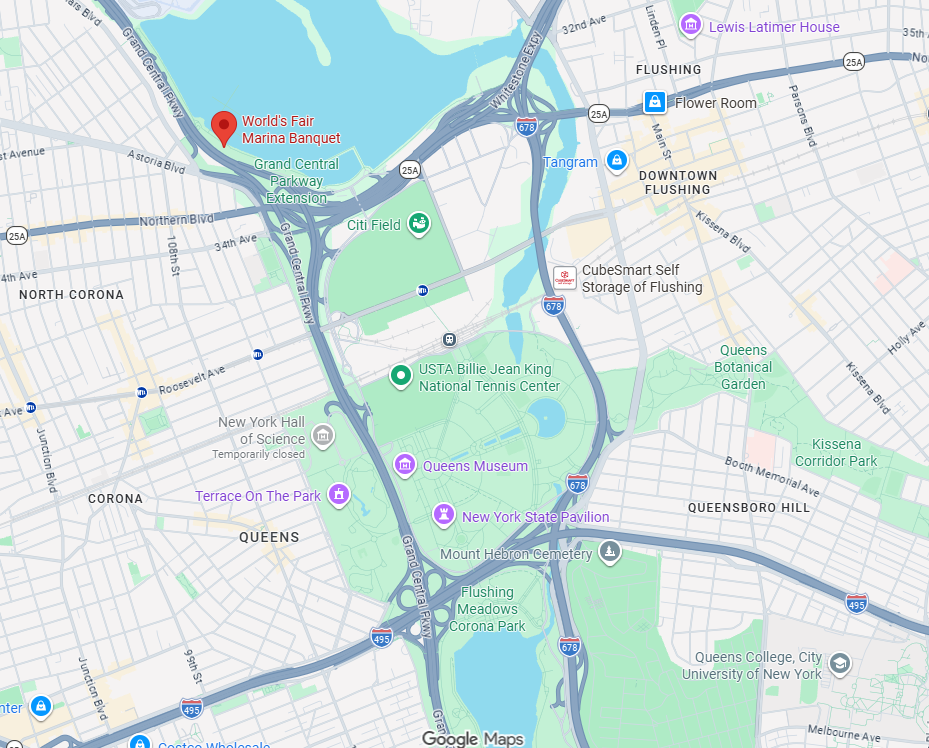 Map showing World’s Fair Marina Banquet near Citi Field and Flushing Bay